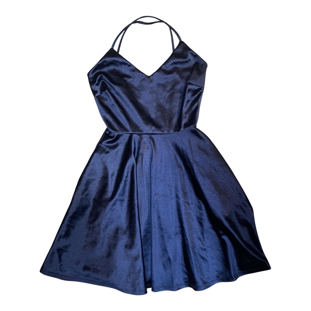 Windsor Navy Blue Satin Mini Dress XS Fit Flare Strappy Open Back Formal